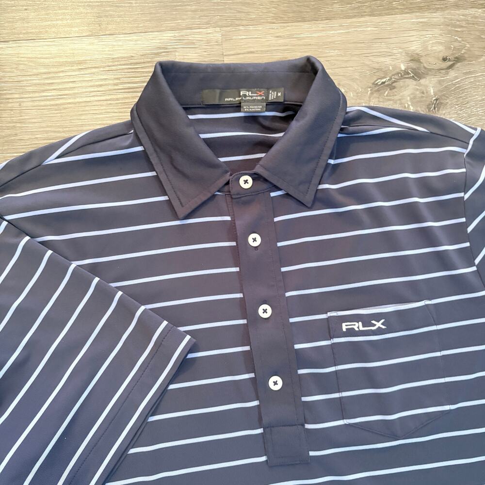 RLX Ralph Lauren Golf Blue Striped‎ Polo Shirt with front Pocket Sz M